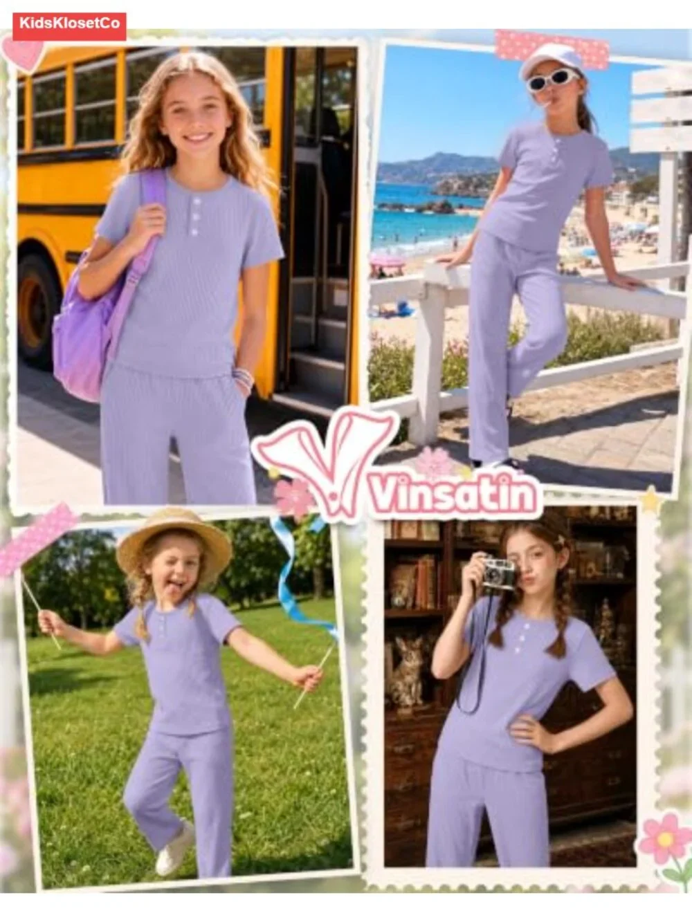Girls 2 Piece Cotton Outfit Set Short Sleeve Henley Top Pants Ribbed Casual